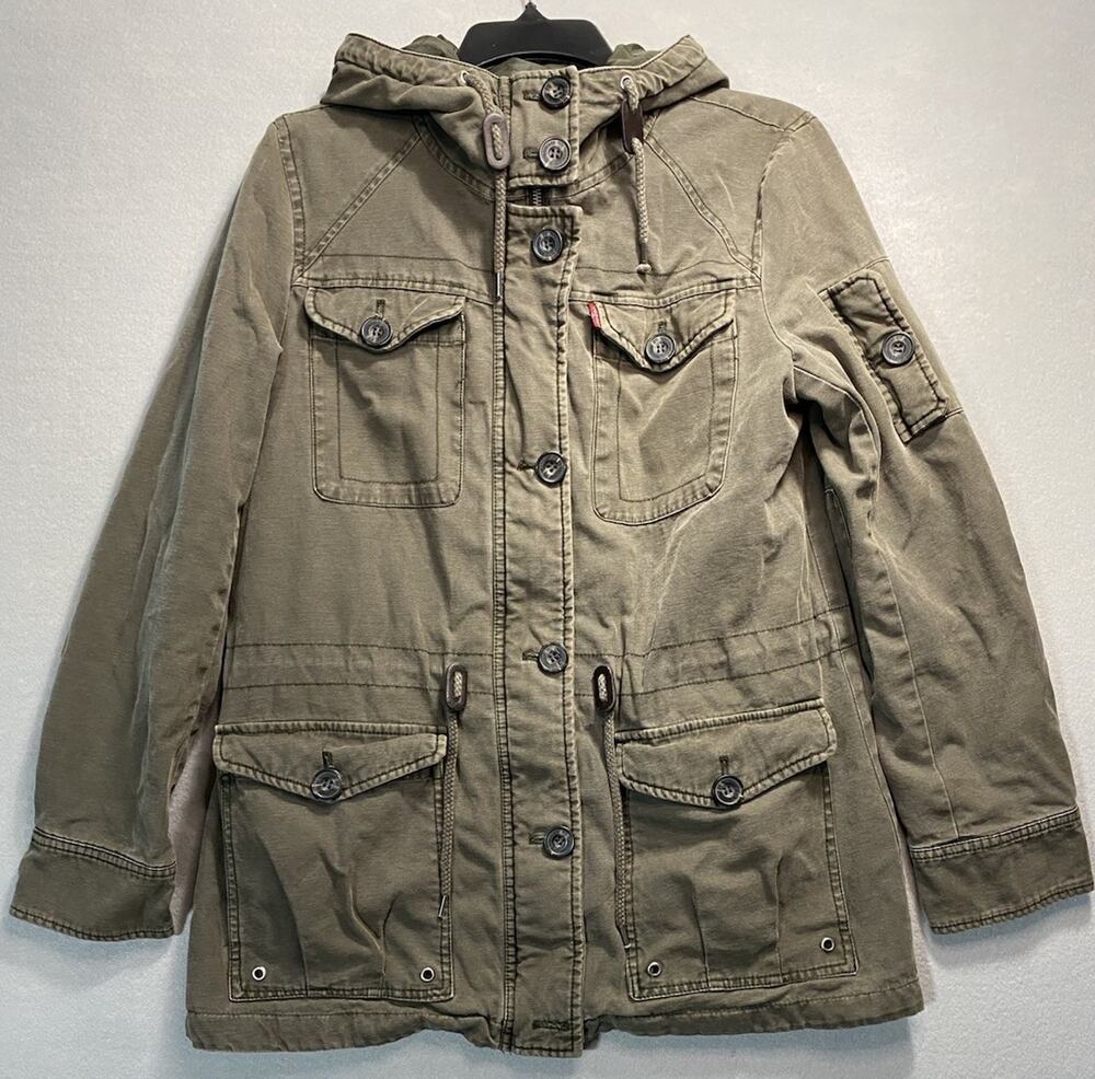 Womens Levis Hooded Jacket Full Zip & Button 5 Pockets Size Medium Army Green